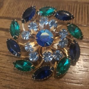 Vintage Blue/Green Rhinestone Brooch